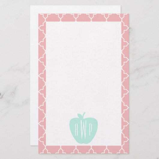 青い + 珊瑚のクローバーのモノグラムの先生 便箋 (正面/裏面)