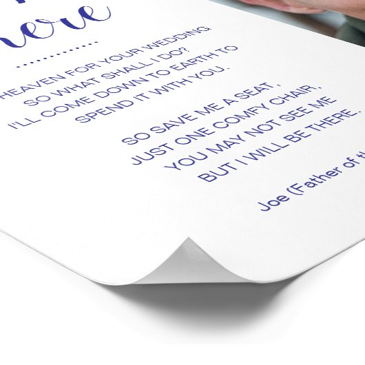 青い 私はそこに写真付きメモリアル ウェディングサインと一緒におります ポスター (角)