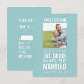 青い 食べて 飲んで 結婚して フォト ウェディング RSVP 招待状 (正面/裏面)
