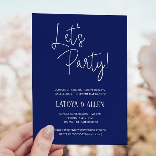 青い Let's Party カジュアルな結婚式の披露宴 秘密の結婚 招待状