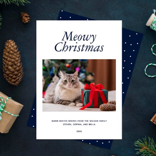 青い「Meowy Christmas」の写真パーソナライズされた シーズンカード