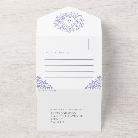 青い peri 白い葉の写真 ご飯 RSVP QR ウェディング オールインワン招待状 (外側)