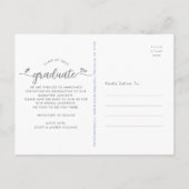 青い「Save the Date」卒業写真のスクリプト　ハート インビテーションポストカード (裏面)