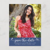 青い「Save the Date」卒業写真のスクリプト　ハート インビテーションポストカード (正面)