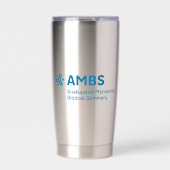 青いAMBSロゴのステンレス製タンブラー 保温保冷タンブラー (正面)
