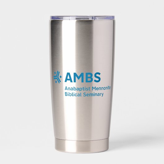 青いAMBSロゴのステンレス製タンブラー 保温保冷タンブラー (正面)