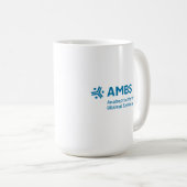 青いAMBSロゴの白いマグカップ コーヒーマグカップ (正面右)