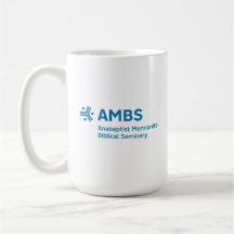 青いAMBSロゴの白いマグカップ