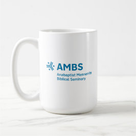 青いAMBSロゴの白いマグカップ コーヒーマグカップ