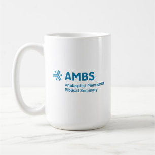 青いAMBSロゴの白いマグカップ コーヒーマグカップ