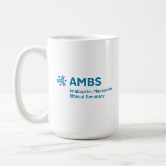 青いAMBSロゴの白いマグカップ コーヒーマグカップ