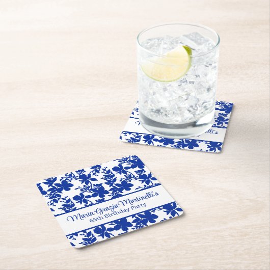 青いAzureフローラルパターン | シックな誕生日パーティー スクエアペーパーコースター (インサイチュ)