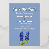 青いBluebonnetsフローラ写真QRコード結婚ズ 箔招待状 (正面)