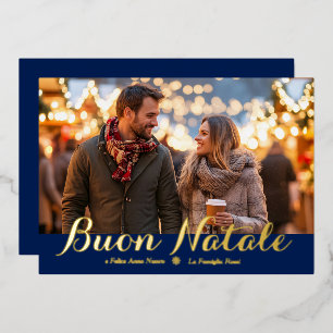 青いBuon Natale e Felice Anno Nuovo スクリプトフォトカード 箔シーズンカード