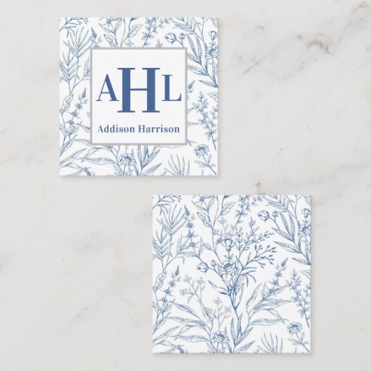 青いChinoiserieのコールカード、モノグラムのエンクロージャ スクエア名刺 (正面/裏面)