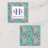 青いChinoiserieのコールカード、モノグラムのエンクロージャ スクエア名刺 (正面/裏面)