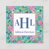 青いChinoiserieのコールカード、モノグラムのエンクロージャ スクエア名刺 (正面)