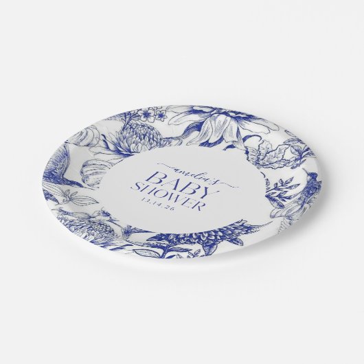 青いChinoiserieのフローラビクトリアンベビーシャワー ペーパープレート (アングル)