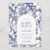 青いChinoiserieのフローラビクトリアンベビーシャワー 招待状 (正面/裏面)