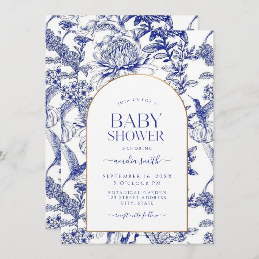 青いChinoiserieのフローラビクトリアンベビーシャワー 招待状 (正面/裏面)