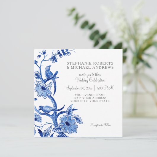 青いChinoiserieアジア中国フローラ水色 招待状 (スタンド正面)
