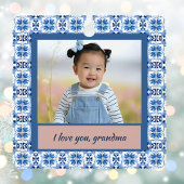 青いChinoiserieタイル写真おばあちゃんクリスマス メタルオーナメント