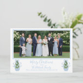 青いChinoiserieツリーのクリスマスフォトカード 招待状 (スタンド正面)