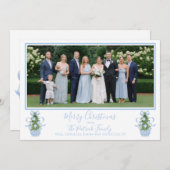 青いChinoiserieツリーのクリスマスフォトカード 招待状 (正面/裏面)
