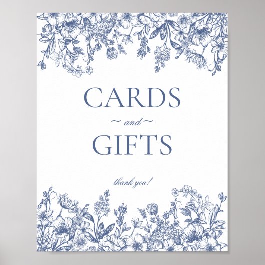 青いChinoiserieヴィンテージフローラカード&ギフトサイン ポスター (正面)