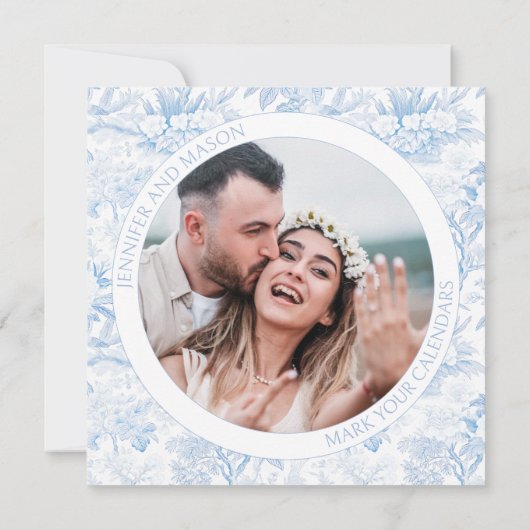 青いchinoiserie日付の写真の招待状を保存 (裏面)