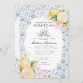 青いChinoiserie茶パーティー赤ちゃんシャワー 招待状 (正面/裏面)