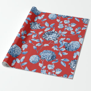 青いChristmas Red Vintage Large女性花柄Toile ラッピングペーパー