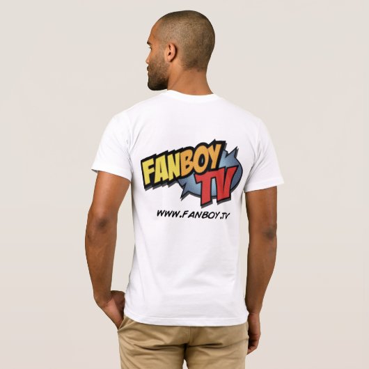 青いFBTVのロゴのワイシャツ Tシャツ (裏面フル)