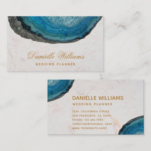 青いGeode Agate白い大理石スクリプエレガントト 名刺 (正面/裏面)