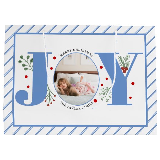 青いJOYとを追加ストライプする ラージペーパーバッグ (裏面)