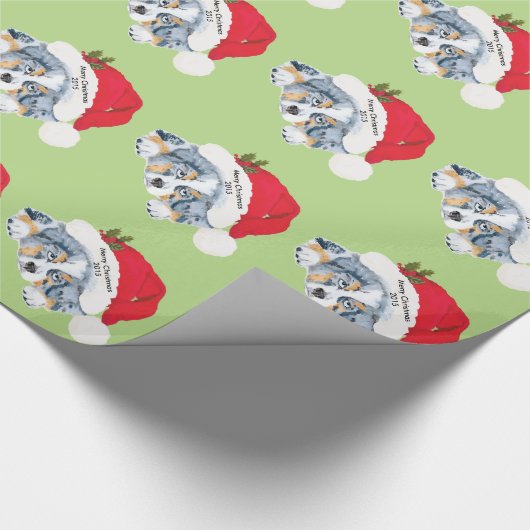 青いMerleのオーストラリアのクリスマスの子犬のギフト用包装紙 ラッピングペーパー (角)
