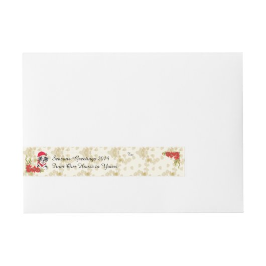 青いMerleのオーストラリアのクリスマスの子犬w/Poinsetta ラップアラウンド宛名ラベル (正面)