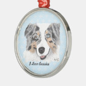 青いMerleのオーストラリアの青w/whiteのダイヤモンド メタルオーナメント (左)