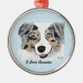 青いMerleのオーストラリアの青w/whiteのダイヤモンド メタルオーナメント (正面)