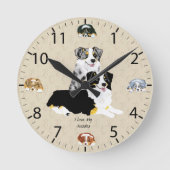 青いMerle及び黒い三オーストラリアの羊飼い ラウンド壁時計 (正面)