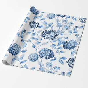 青いModern Vintage Large Floral Toile女性白 ラッピングペーパー