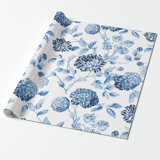 青いModern Vintage Large Floral Toile女性白 ラッピングペーパー (アンロールド)