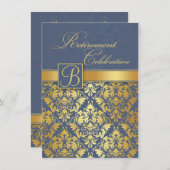 青いmonogrammの退職パーティーの金ダマスク織 招待状 (正面/裏面)