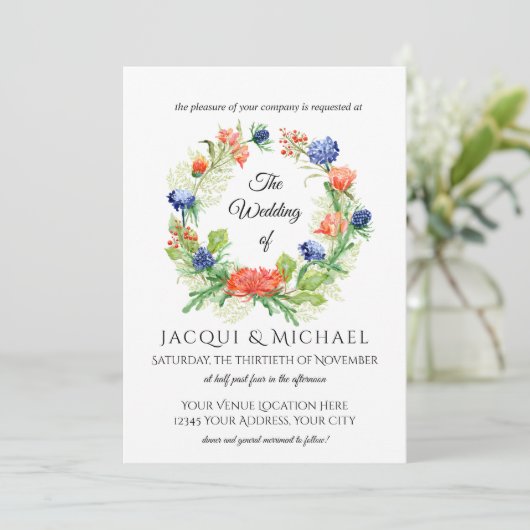 青いnのオレンジ菊のアザミのリースの結婚式 招待状 (スタンド正面)