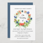 青いnのオレンジ菊のアザミのリースの結婚式 招待状 (正面/裏面)