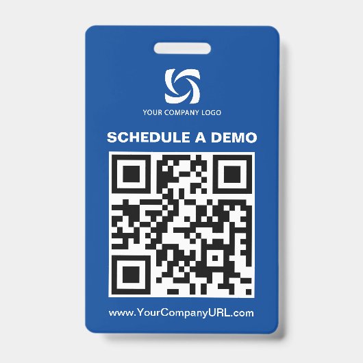 青いQRコードのウェブサイト展示会サイン バッジ (正面)
