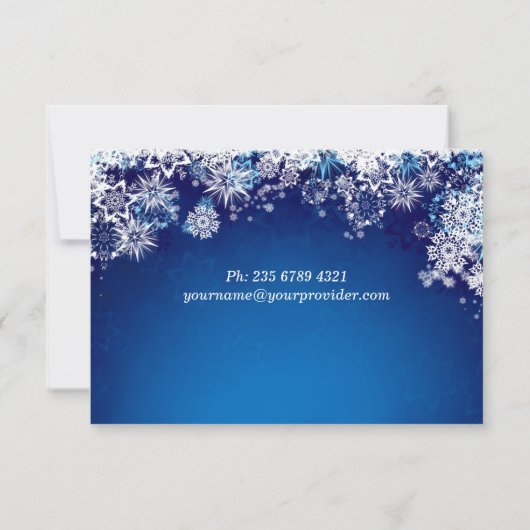 青いRSVPの招待状の白く青い雪片 出欠カード (裏面)