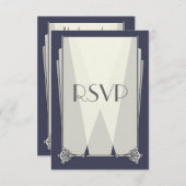 青いRSVPカードのSwankyアールデコ 出欠カード (正面/裏面)