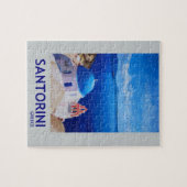 青いSantorini、ギリシャ- Oiaからの眺め ジグソーパズル (横)