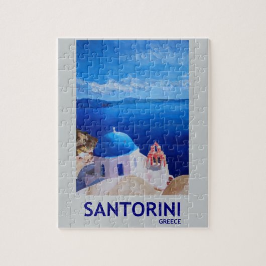 青いSantorini、ギリシャ- Oiaからの眺め ジグソーパズル (縦)